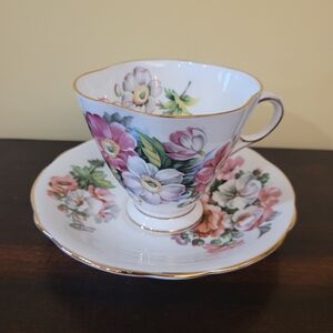 Windsor Pink and Green Floral Bone China Teacup & Saucer with Gold Trim